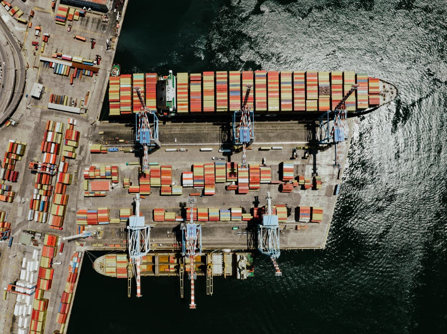 Aerial view of a busy container port